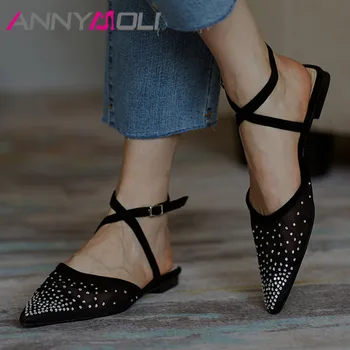 

ANNYMOLI Women Ankle Strap Sandals Cross Tied Real Leather Flat Shoes Crystal Pointed Toe Sandals Cutouts Ladies Footwear 33-40