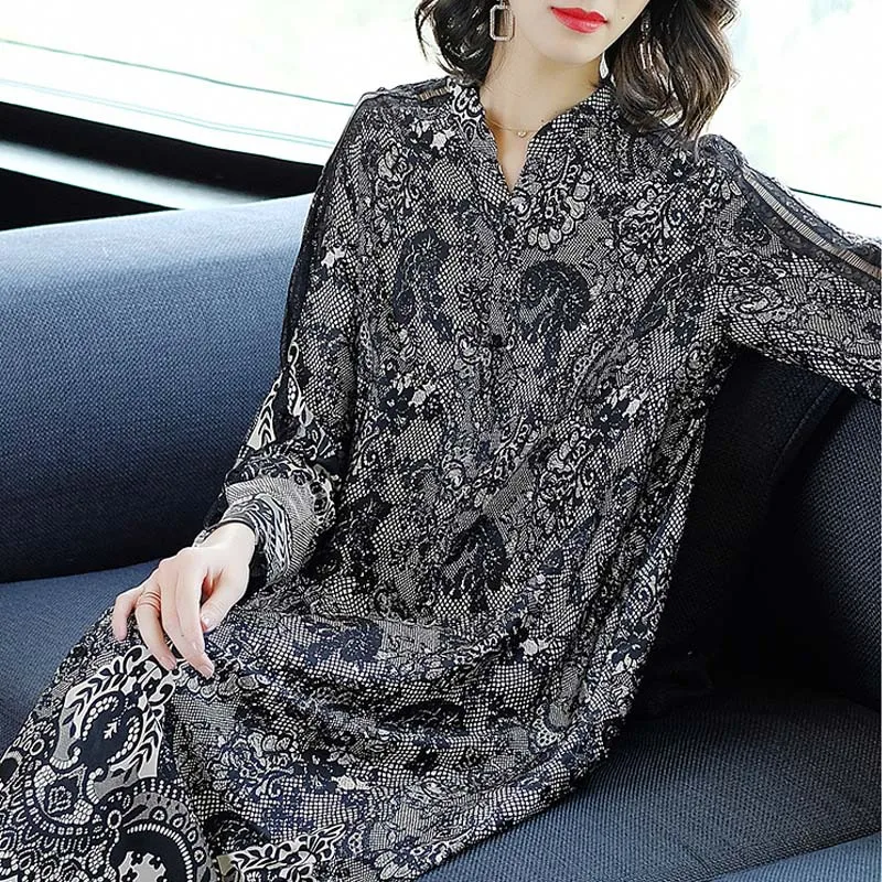 

Printed Large Size Straight-Cut Dress by Age over-the-Knee Spring 2019 New Style WOMEN'S Dress Lace Joint Loose-Fit Long Fashion