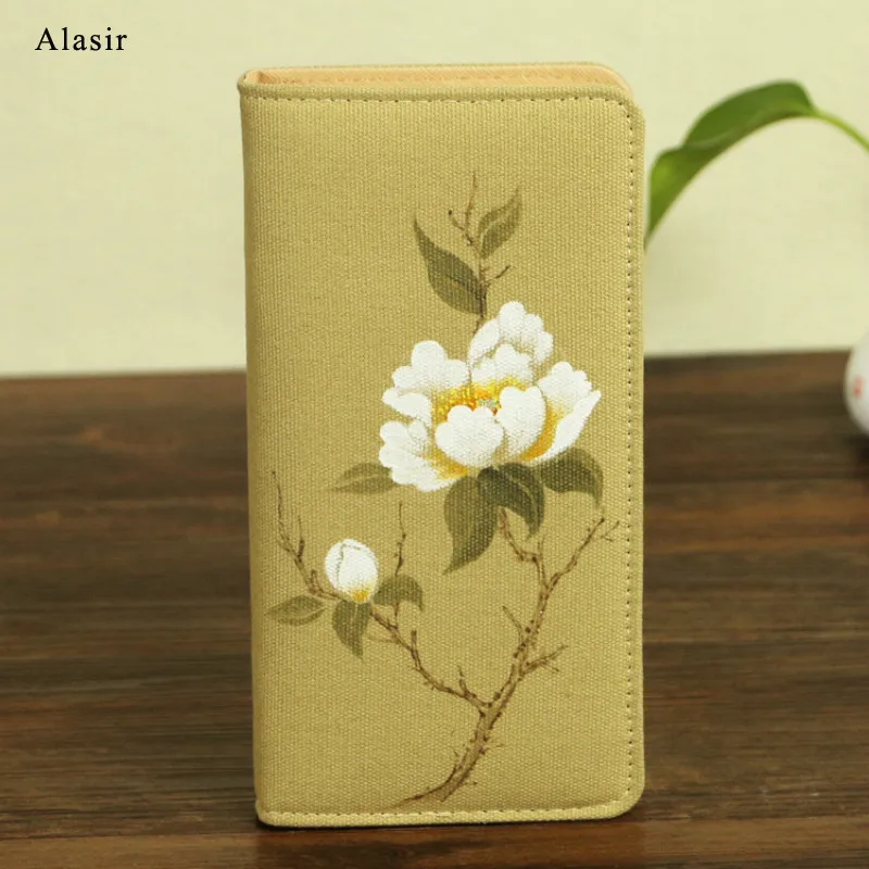 

Alasir Retro Wallet Lady Wallet Hand-painted Flowers Chinese Style Originally Created Kaki Canvas Card Holders Women Flowers