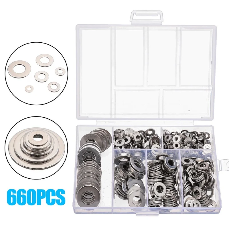 

660pcs M3 M4 M5 M6 M8 M10 Stainless Steel Washer Plain Washer Kit Screw Fastener Hardware Assortment Accessories