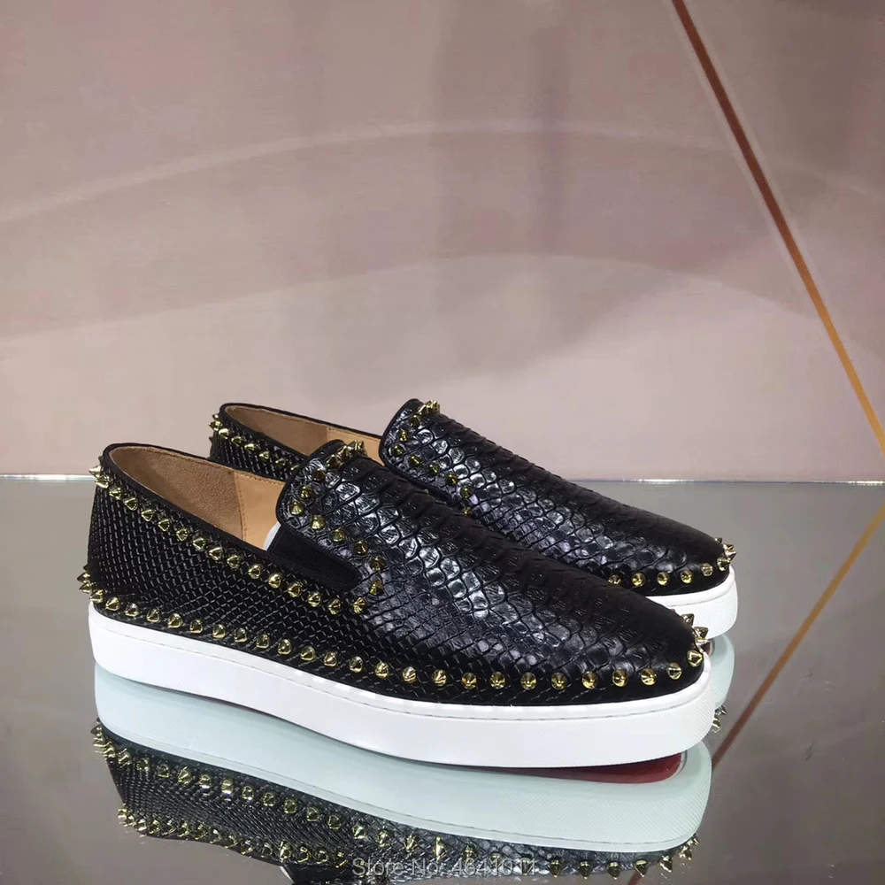 

Low Cut Leisure cl andgz Full Black Snake Leather Circle Gold Rivets Red bottoms men Sports shoes sneakers Flat Loafers Footwear