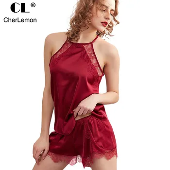 

CherLemon Satin Lace Trim Camisole and Shorts Pyjama Sets Summer Soft Silk Sleepwear For Women Sexy Lingerie