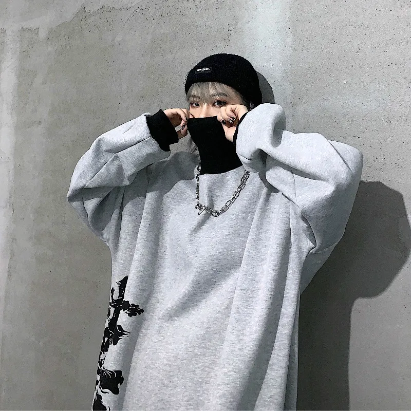 Уличная одежда больших размеров для женщин Harajuku граффити Графический контрастный принт Толстовка пуловер с капюшоном водолазка теплый флисовый Топ корейский