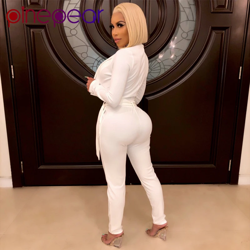 PinePear Ladies White Pant Suits Fashion Blazer and Pants Set for Women Formal Party Two Piece Set Terno Feminino Drop Shipping