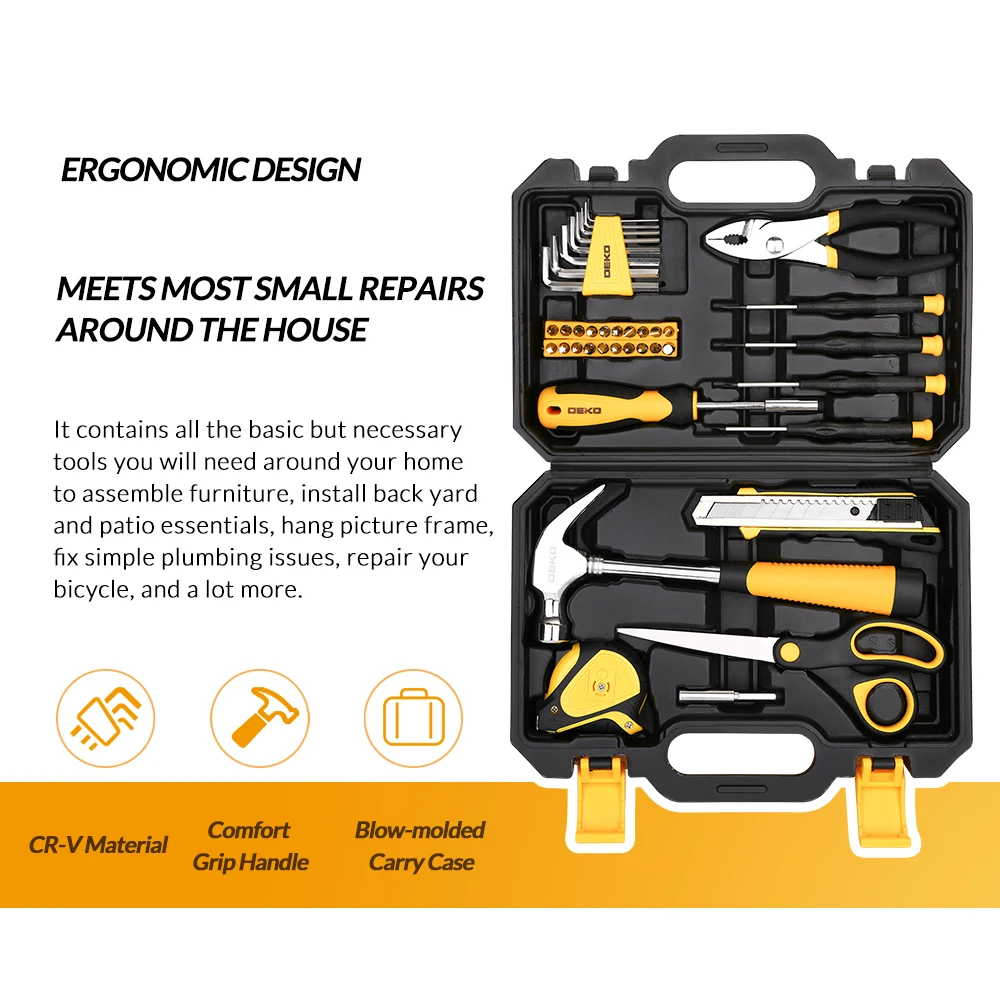 DEKO TZ40 40Piezas Herramientas Manuales Con caja de herramientas,Pinza de Martillo,Destornillador,Cuchillo Herramientas
