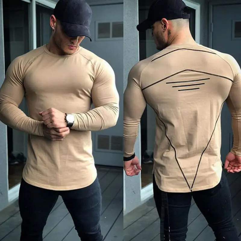 Модная мужская футболка с круглым вырезом и длинным рукавом, мышцв, бодибилдинг, тонкая футболка для фитнеса, пуловер Homme, повседневные мужские топы, блузка