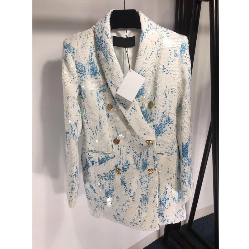 10.30 HIGH QUALITY Newest Fashion Runway Designer Blazer Women's Double Breasted Shawl Collar Shimmer Sequined Long Blaze - Цвет: as picture