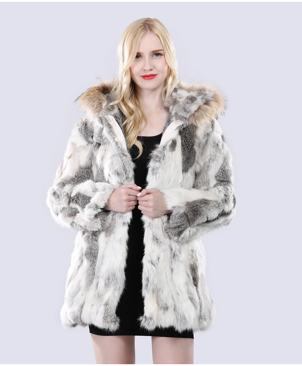 Женское пальто из натурального меха с капюшоном, зимняя теплая куртка из натурального меха кролика с воротником из меха енота, женская верхняя одежда из кроличьего меха