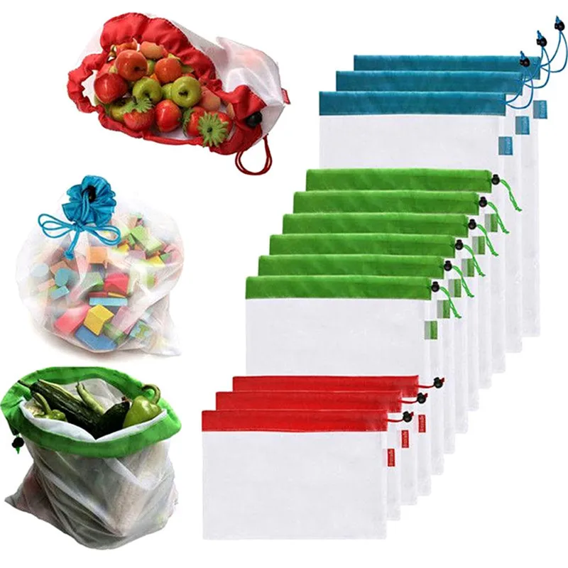 

12 Pcs Reusable Mesh Bags Shopping Bags Washable Eco Friendly Storage bag Fruit Vegetable Toys Sundries Organizer Storage Bag