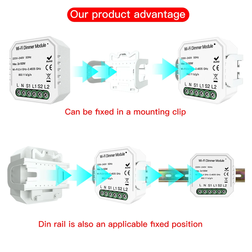 2 Way 2 Gang DIY WiFi Smart Light LED Dimmer Module Switch Smart Life/Tuya APP Remote Control Work with Alexa Google Home
