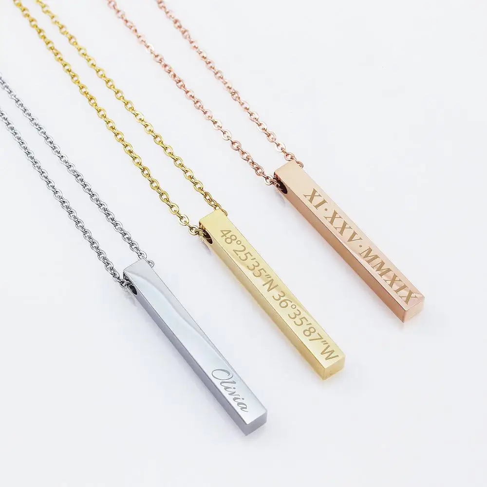 

Четырехсторонняя гравировка MYDIY, персонализированное ожерелье с квадратным стержнем и именем на заказ, ожерелье из нержавеющей стали, подарок для женщин/мужчин