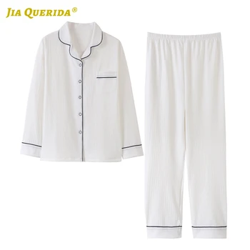 

Button WomanTurn Down Collar White Homesuit Homeclothes Sleepwear Fashion Style Casual Style Pajamas Set Pj Set Front Pocket