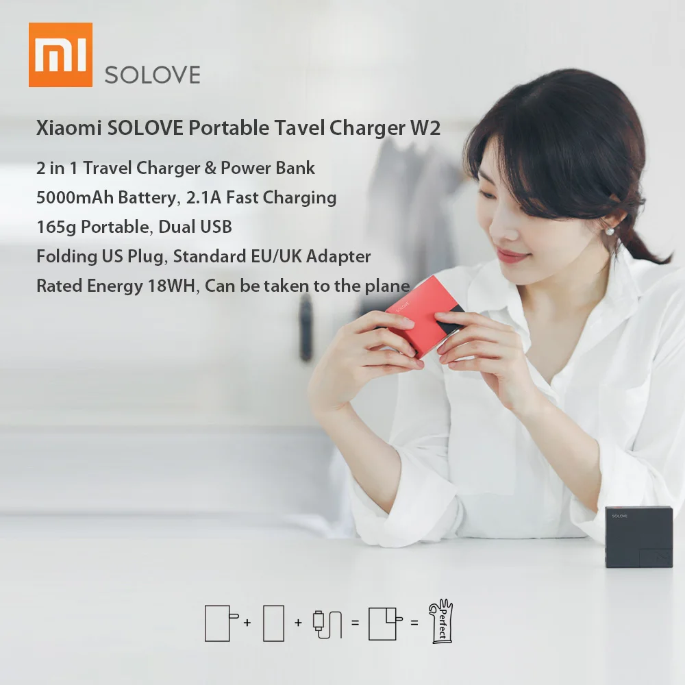 Xiaomi SOLOVE портативное зарядное устройство для путешествий W2 складной Универсальный США ЕС Великобритания штекер Адаптер 5000 мАч банк питания USB с двумя выходами