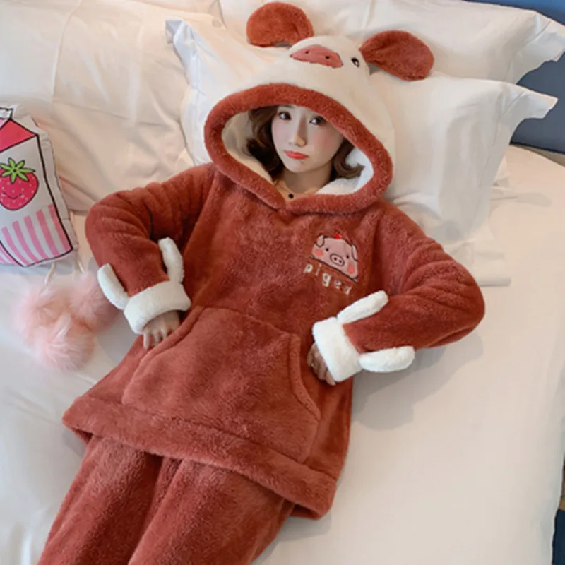 

Thickened Flannel Korean Edition Sweet Cute Lightcap Winter Home Suit Sleepwear Female Autumn and Winter Coral Velvet