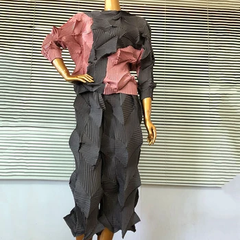 

LANMREM 2020 Spring Summer Fashion Stand Collar Hit Color Pullover Tops Solid Color High Waist Pants Pleated Two-piece PD856