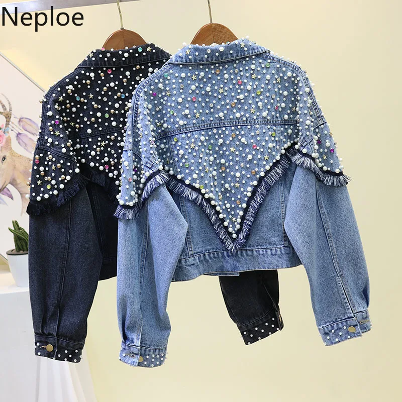 

Neploe Autumn Women Clothes Heavy Work Rivet Tassel Short Denim Jacket Korean Loose Patchwork Beading Abrigo Mujer Coat 46116