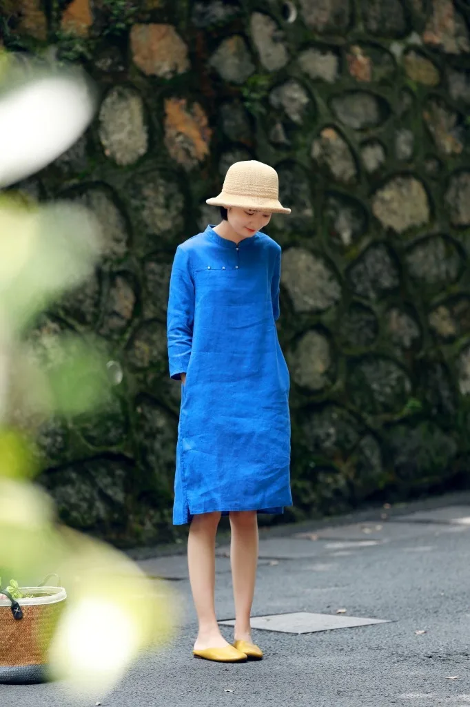 S9103 самоуправляемый китайский стиль Cheongsam небольшой стенд свинцовый чистый лен литературное Платье легкое тонкое платье