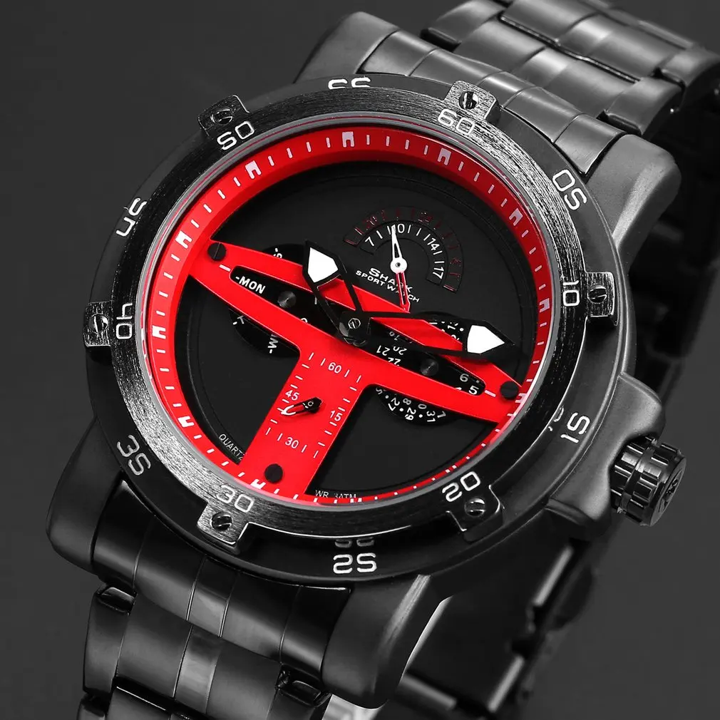 Red SH428 Shark Sport Watch Men Luxury Brand Golden Bezel Date Army Military Watches Clock Steel Quartz Relogio Masculino Greenland - Цвет: Red SH428