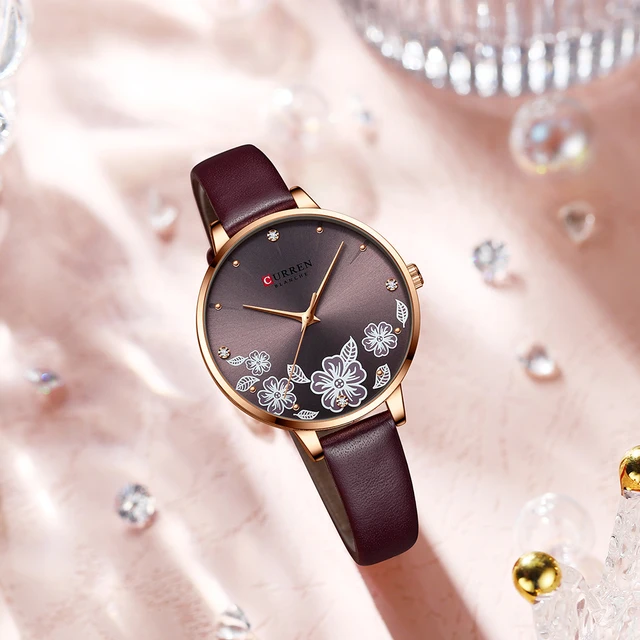 ساعة يد نسائية من CURREN علامة تجارية فاخرة كوارتز جلدية للنساء، بتصميم ساحر مع زهوروألوان مميزة، نموذج 9068 5