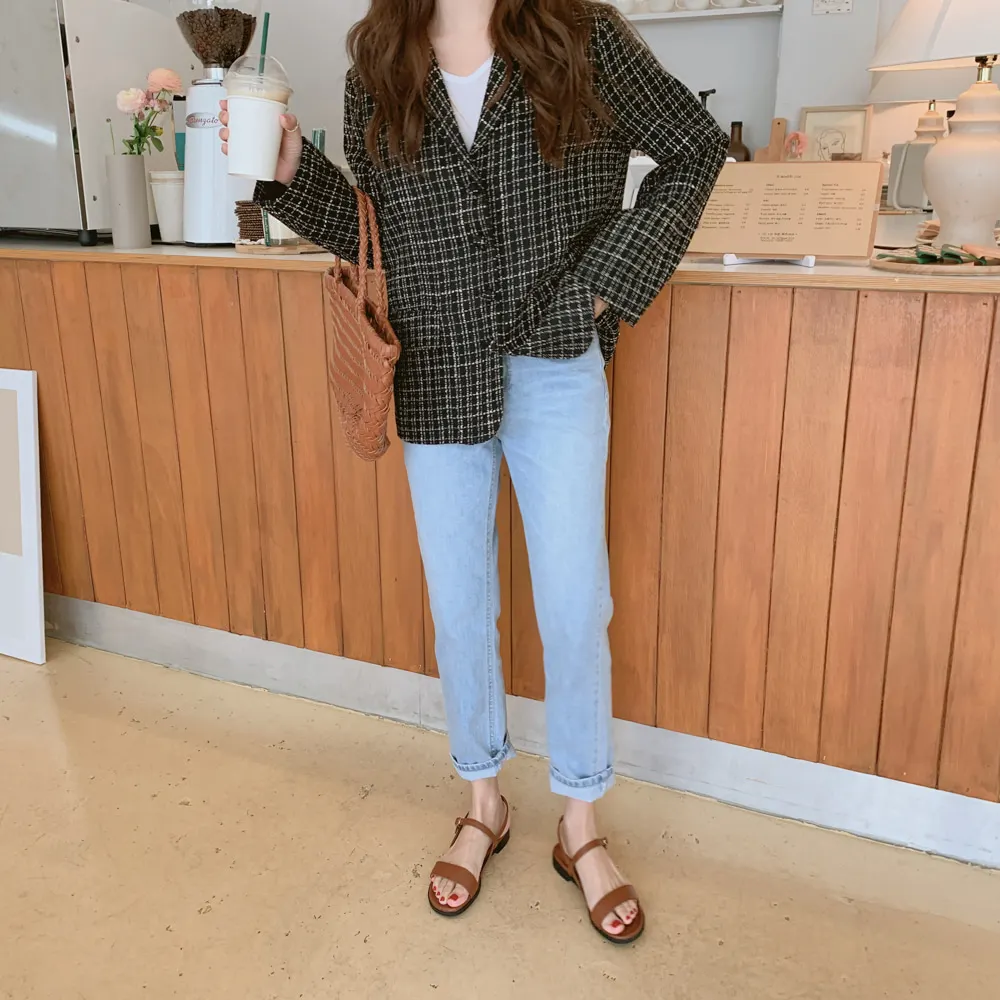 HziriP Autumn Chic Plaid Feminine Sweet Warm Women Woolen Elegant Loose Vintage Office Ladies All Match Coat Blazers