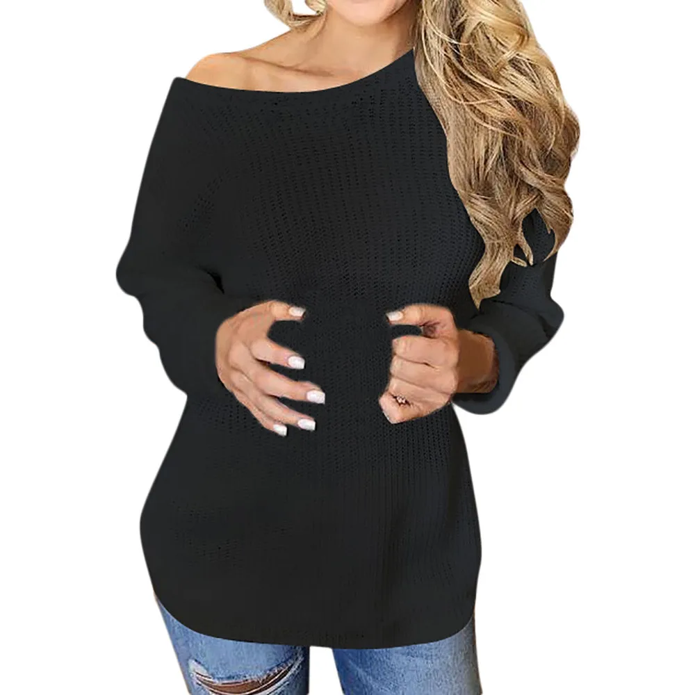 Женский свитер, пуловер с вырезом лодочкой, вязаный свитер, женский свободный джемпер оверсайз с длинными рукавами и круглым вырезом, женский свитер-пуловер - Цвет: Черный