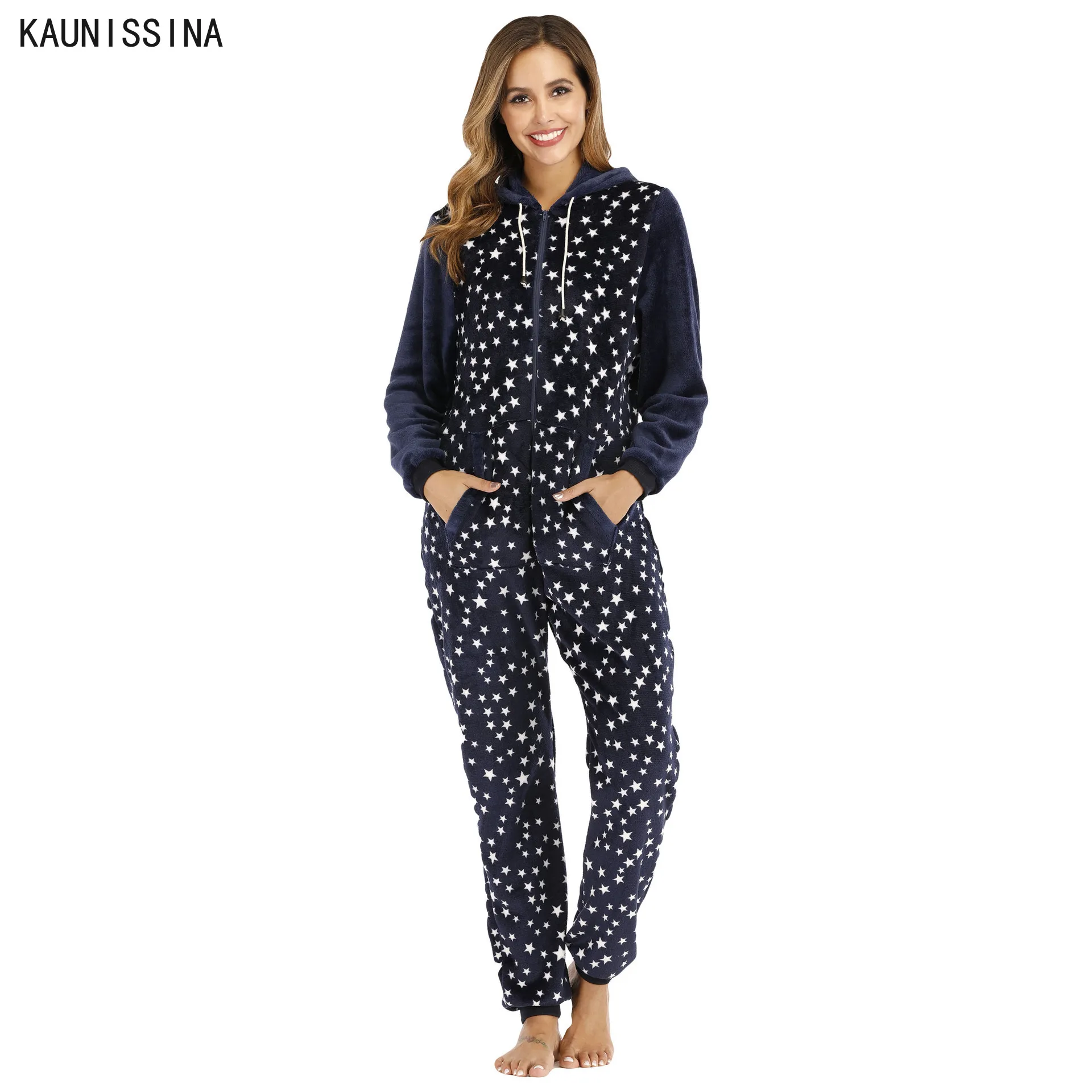 

Women Adults Onesies Nightwear Long Flannel Pajamas Set Star Print Loose Long Sleeve Hooded One Piece Pajama Winter Sleepwear