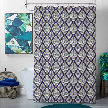 

Shower Curtains Kids Boys Geometric,Grid Style Squares with Diagonal Lines and Circles Middle Eastern, Cadet Blue Vermilion