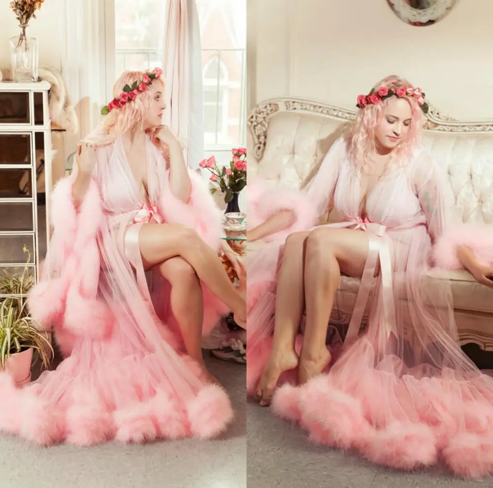 Pink Fur Bathrobe Sleepwear Bathrobe Boudoir Dress Lace A Line Kimono Dressing  Gown Babydoll Sexy Lingerie Bath Robes De Mariée - AliExpress
