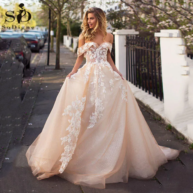 

SoDigne Champagne Wedding Dresses Boho Off Shoulder Lace Appliqued Beach Country Bridal Gowns Wedding Gowns vestido de novia