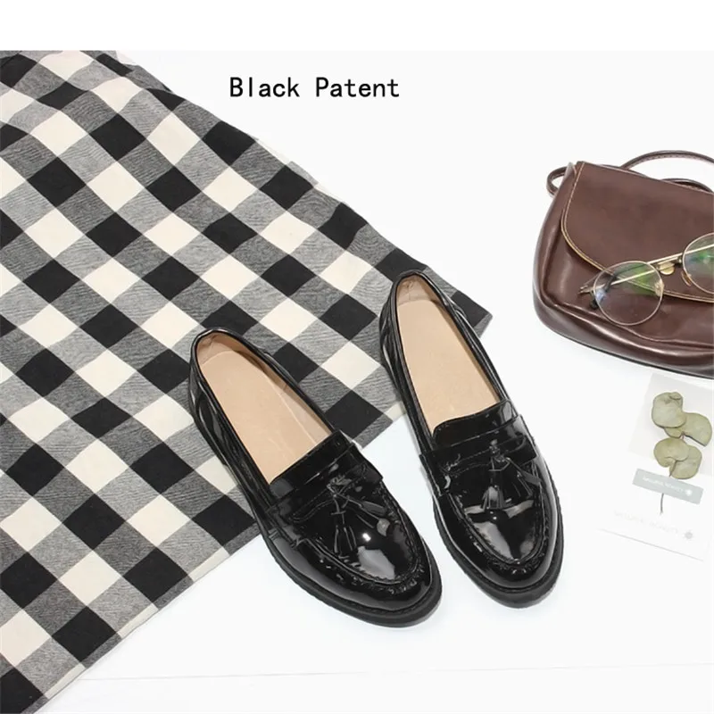 Spring Autumn New Pedal Genuine Leather Loafers Shoes Women British Polished Flat Tassel Oxford Shoes For Woman Large Size 32-43