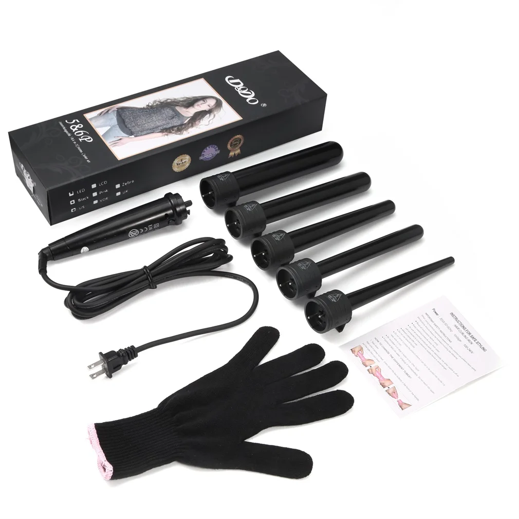 

Durable 5 in 1 Curling Iron Set with 5 Interchangeable Curling Wand Ceramic Barrels with a Heat Protective Glove Black
