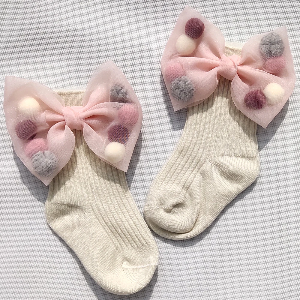 Зимние носки для маленьких девочек с большим бантом; короткие носки для малышей; носки принцессы для девочек; Милые бархатные детские носки - Цвет: Beige Pink Bow