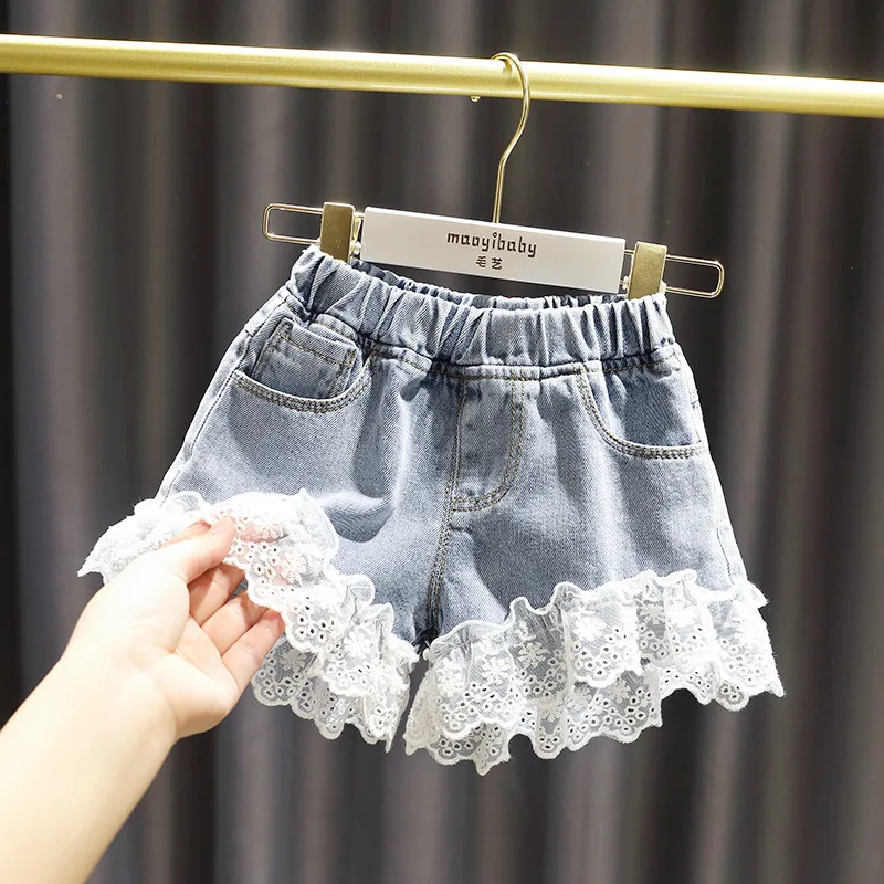 Girls Denim Shorts Teenage Girl Summer Lace Pants Kids Bow Clothes Children Flowers Embroidery Jean Short For Teenager