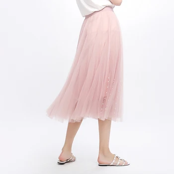 

Women's Solid Color Skirt Elegant Gril Tulle Skirts 2019 Summer Fashion Mesh Ball Gown Skirt Sweet Beads Midi Skirt Saia Female