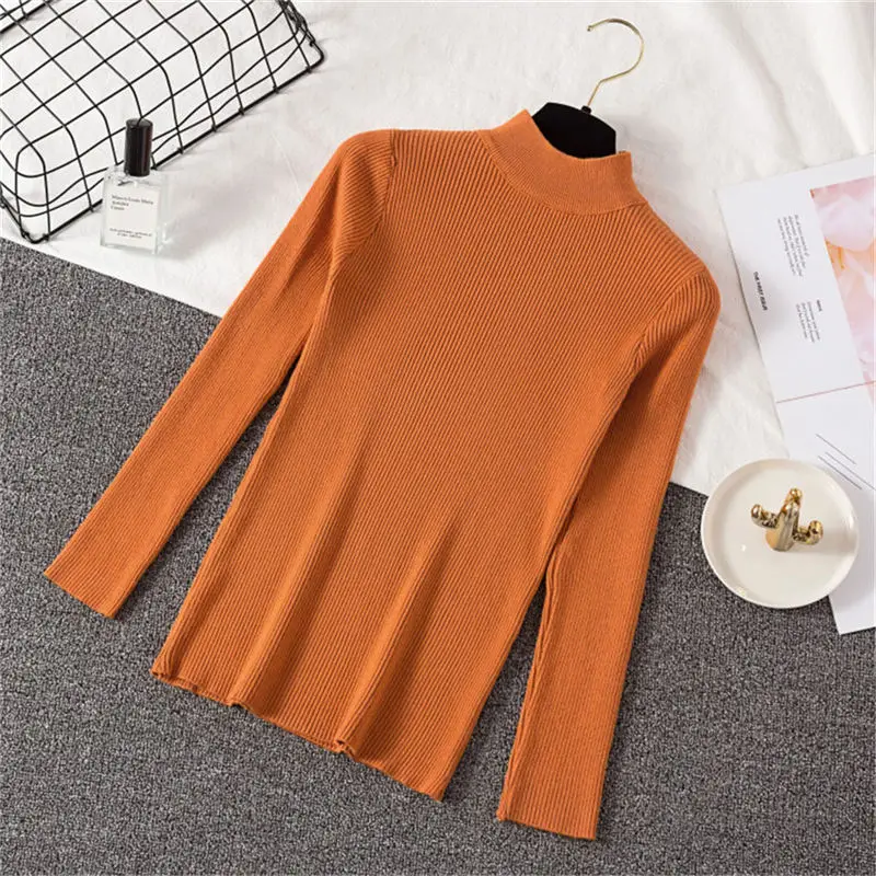 

Autumn Winter Solid half Turtleneck Slim Elastic Pullovers Sweaters Women Orange Bottoming Knitted Sweater Female Soft Jumper