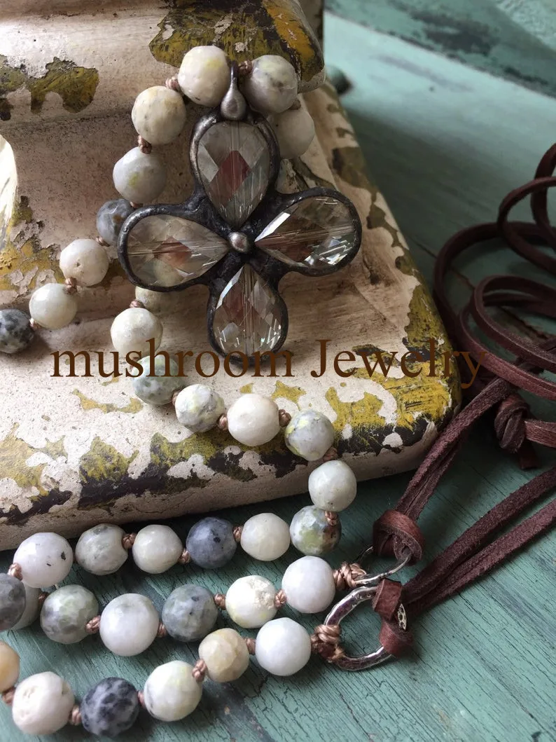 

Hand Knot Stone Faux Leather Necklace With Soldered Crystal flower Charm Pendant
