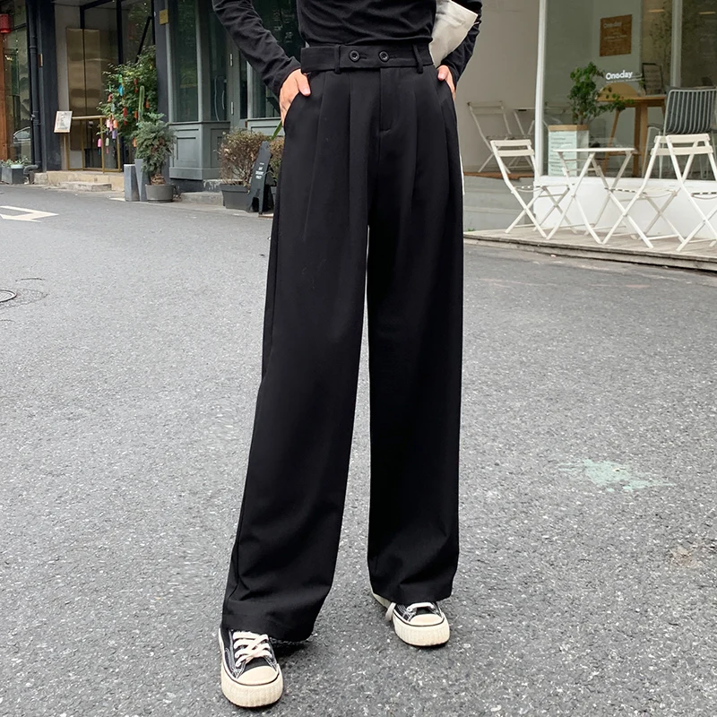 

Women Black Pleated Straight Pants 2019 Fashion Ladies Suit Pants Loose High Waist Full Length Chic Trousers