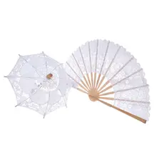 Renda Kipas Tangan Set Payung Pernikahan Pengantin Dekorasi Cina Bambu Kayu Tangan Fan Desktop Ornamen Pernikahan Dekorasi Rumah(China)