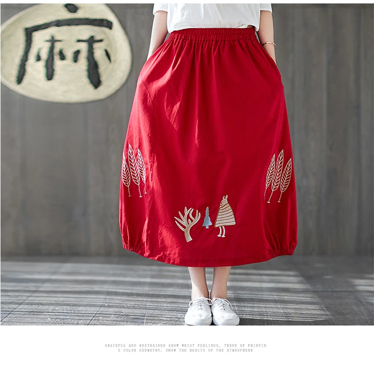 Японский Mori Girl осень весна для женщин юбка миди черный красный темно синий абрикос Jupe Femme хлопок лен Винтаж Вышивка юбки