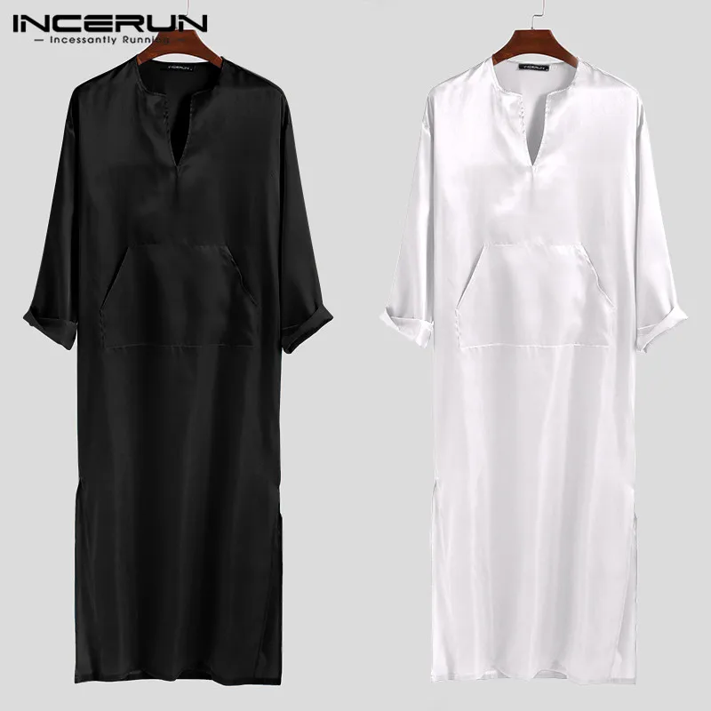 INCERUN Fashion Men Robes Pajamas Solid Long Sleeve V Neck Faux Silk Satin Comfortable Homewear Pockets Nightgown Men Bathrobes