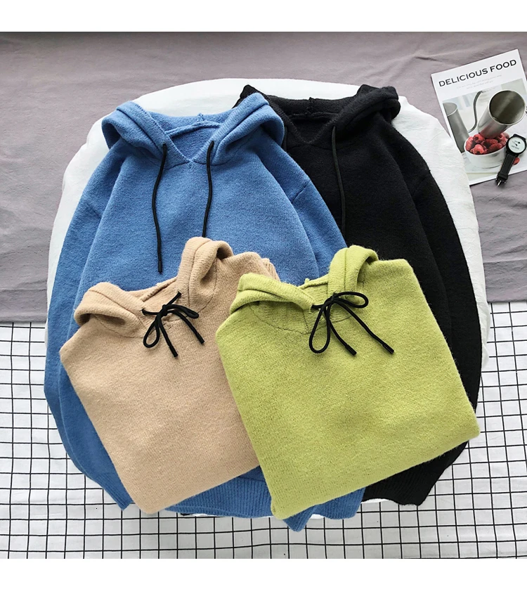 Hooded Sweater Men's Fashion Solid Color Casual Knit Pullover Man Wild Loose Long-sleeved Sweater Male Sweter Clothes M-2XL