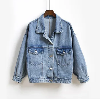 

New Fashion Women Jackets 2020 Spring Autumn Casual Loose Denim Jacket Turn-down Collar Long Sleeve Jeans Coat Solid Blue Tops