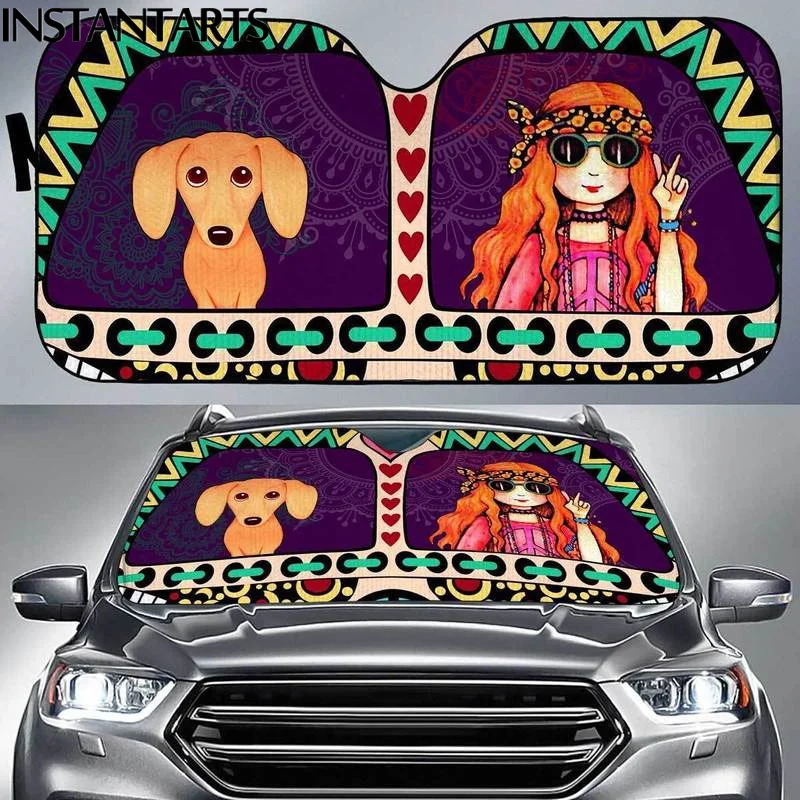

INSTANTARTS Dachshund Peace Print Auto Shade for Windshield Foldable Heat Reflector Universal Car Windshield Sun Shade Sunshade