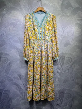 

elegant lace patchwork elastic waist v-neck long lantern sleeve pleated dress 2020 runway women floral printed midi dresses y340