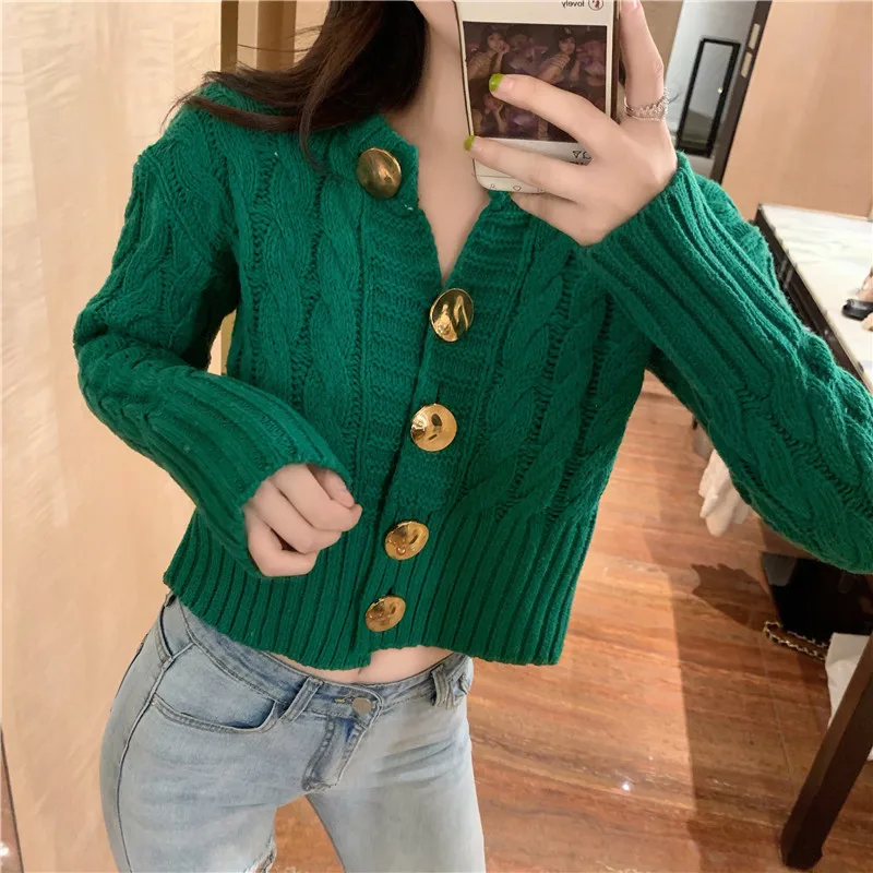 

Spring and autumn new fashion big button thread twist sweater cardigan