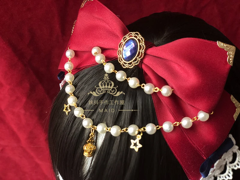 Сладкий головной убор ручной работы бант Hairband KC обруч с лентой Лолита кружева жемчужная цепь дизайн милый красный синий
