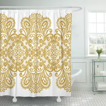 

Golden Curls Oriental Arabesques Brilliant Lace Flowers Openwork Weaving Shower Curtain Waterproof Polyester Fabric 60 x 72 Inch