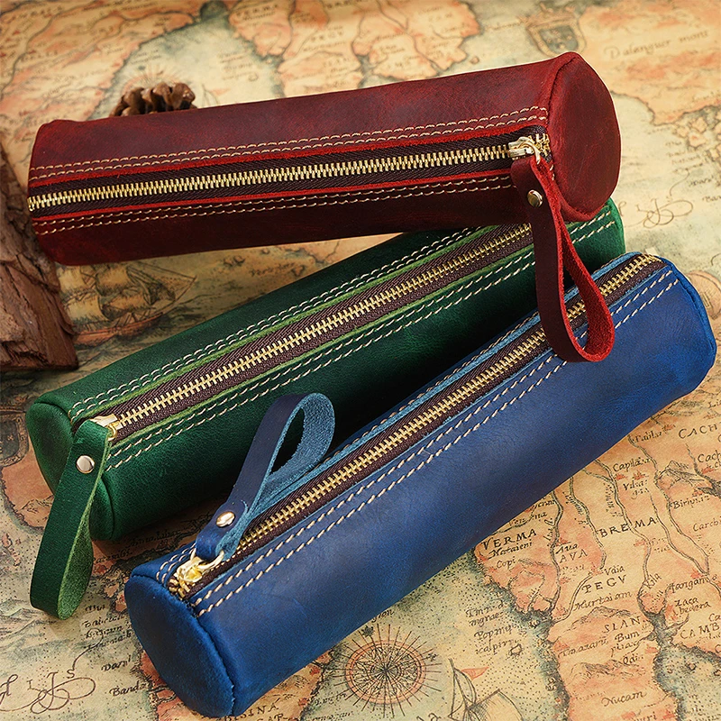 

Leather Cowhide Handmade Vintage Pencil Case Pen Pencil Bag For School Stationary Travel Collection Gifts School Supplies