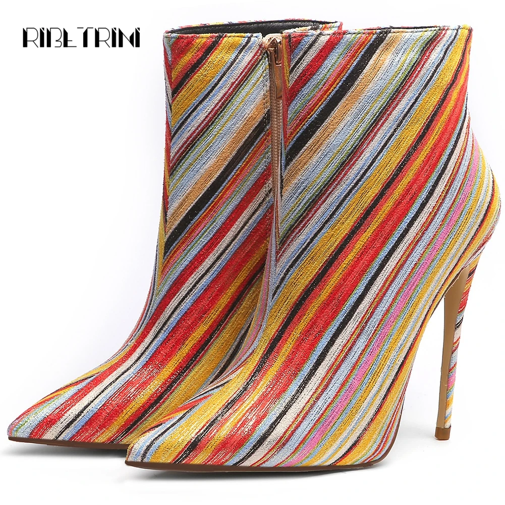 

RIBETRNI Fashion Ankle Boots For Women Thin High Heels Boots Woman Pointed Toe Mixed Colors Shoes Women Boots Plus Size 32-45