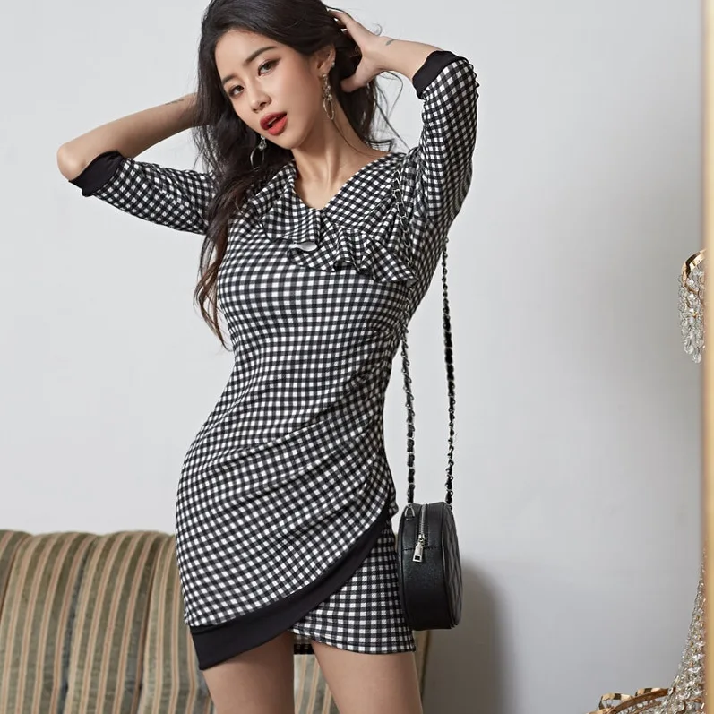 

2019 Summer Korean-style Slim Fit-Flounced V-neck High-waisted Slimming Irregular Sheath Dress Women's